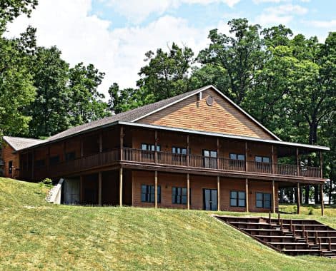 Dining hall interior with rustic wooden beams